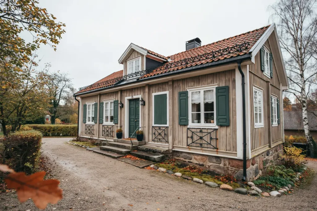 h stklart med smide eleganta l vskydd och gallerdetaljer som skyddar huset inf r regn och rusk